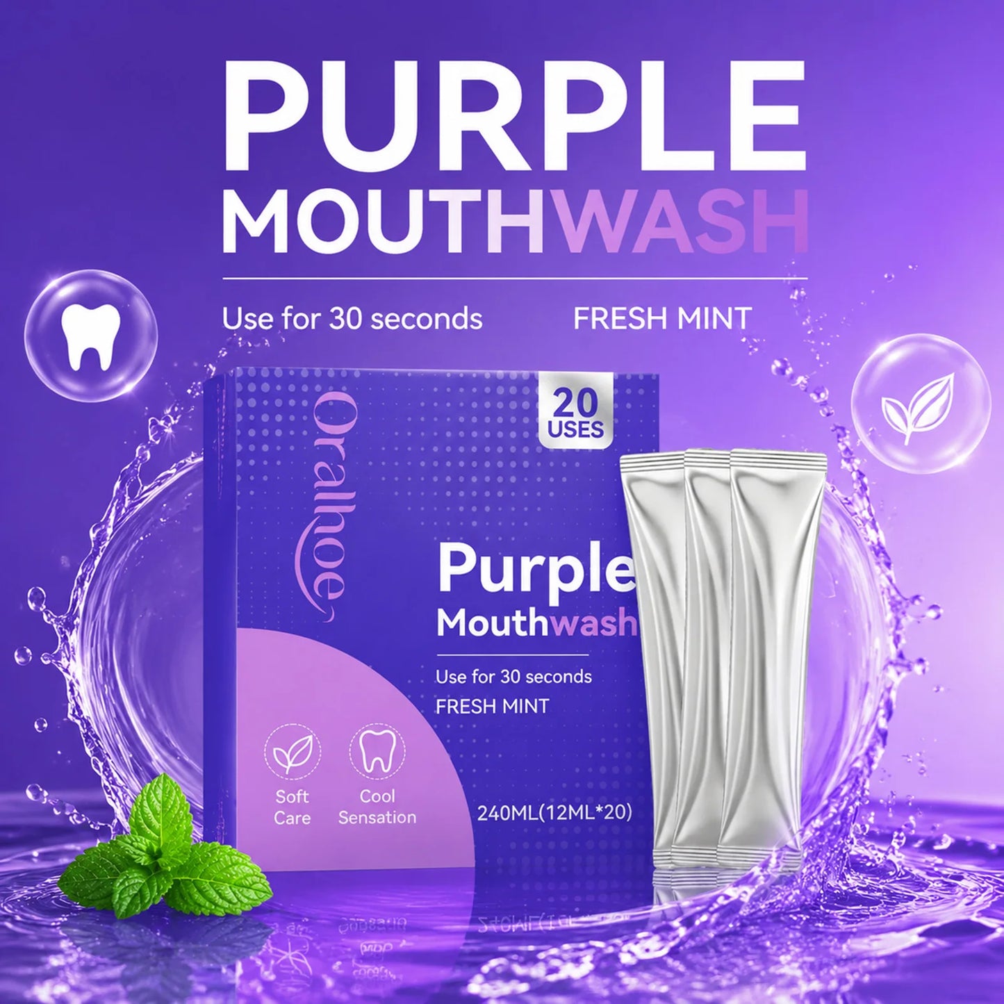 20PCS Purple Mouthwash Strips Fresh Mint Breath Refresh Travel Size Oral Care Daily Hygiene Portable Rinse
